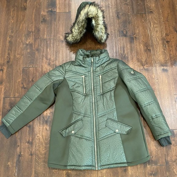 Michael Kors Michael Faux-Fur-Trim Hooded Mixed-Media Puffer Coat in Green XXL - Picture 12 of 15